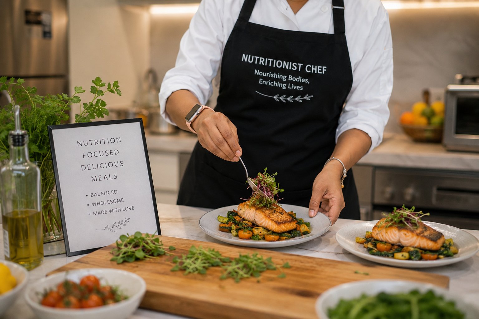 Private chef preparing dishes in a premium kitchen